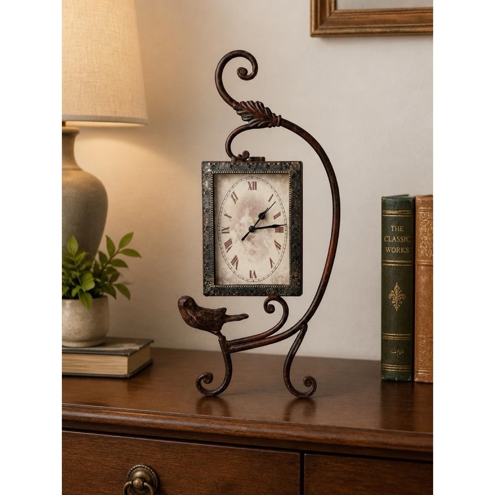 Tabletop Clock Wrought Iron Vintage Shabby Chic Bird Scroll Floral Mantel Decor